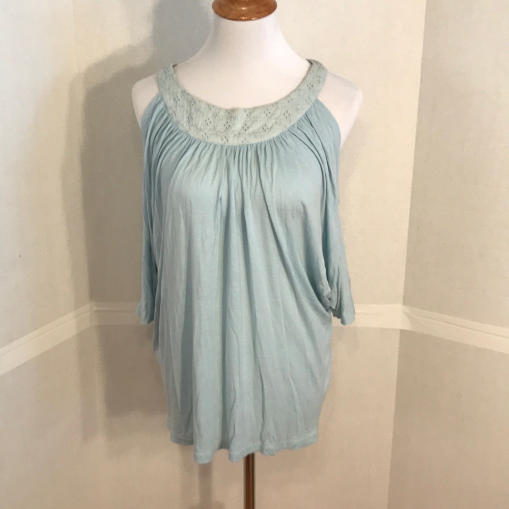 BCBGirls blue off the shoulder eyelet accent shirt